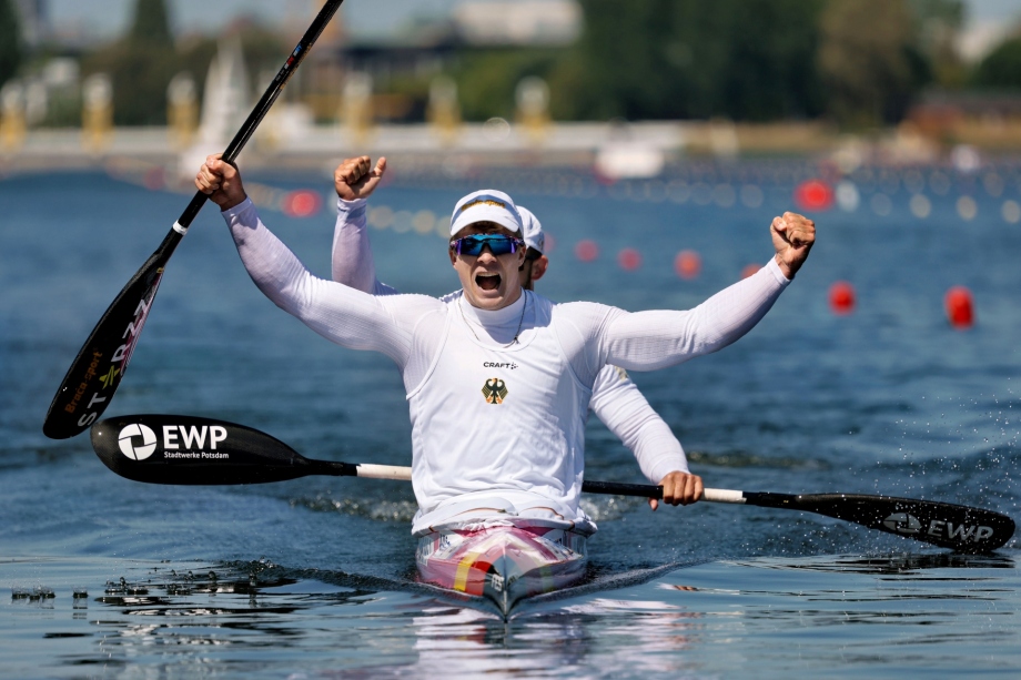 Jacob Schopf and Max Lemke Germany kayak sprint Poznan 2025 celebrate