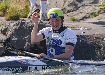 Slovenia's Eva Alina Hocevar celebrates winning gold on home waters Eva Alina Hocevar Tacen 2026 Slovenia canoe slalom