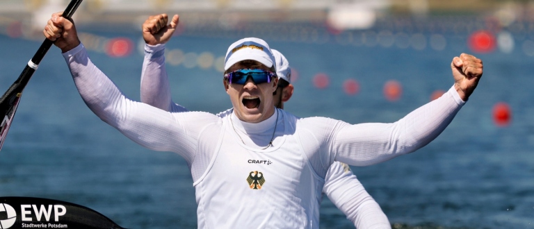 Jacob Schopf and Max Lemke Germany kayak sprint Poznan 2025 celebrate