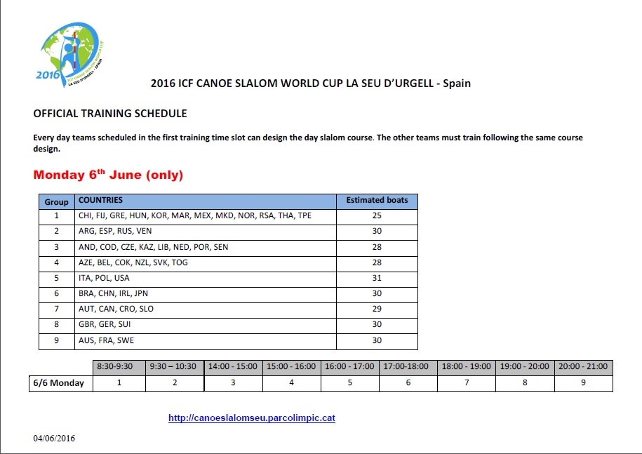 Official Training Schedule Monday 6th June