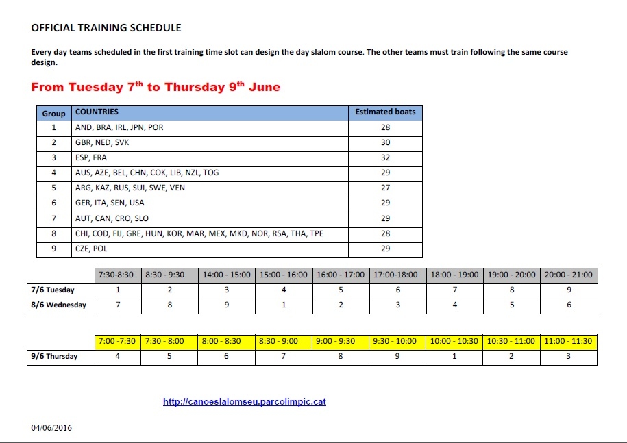 Official Training Schedule Monday 7th to 9th June